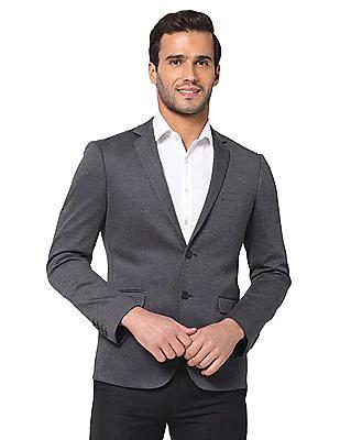 Men Dark Grey Notch Lapel Collar Single Breasted Solid Blazer