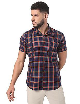 Men Navy Short Sleeve Cotton Casual Shirt
