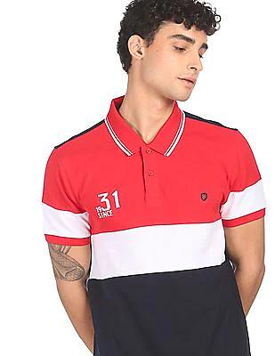Men Red Cotton Panelled Colour Block Polo Shirt